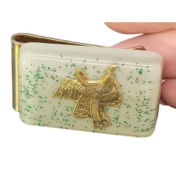 Statement Horse Saddle Money Clip with Lucite Vintage Plastic Green Glitter - Picture 2 of 2